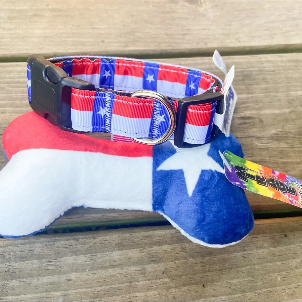 NWT Patriotic Texas Dog Collar and Bone Toy. USA dog toy and dog collar